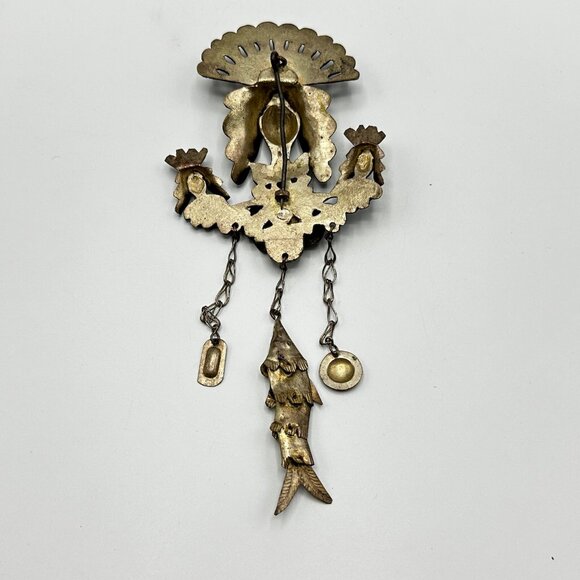 Vintage Peruvian Silver Peacock Tupu Brooch – XL Shawl Pin with Articulated Fish - Picture 8 of 11